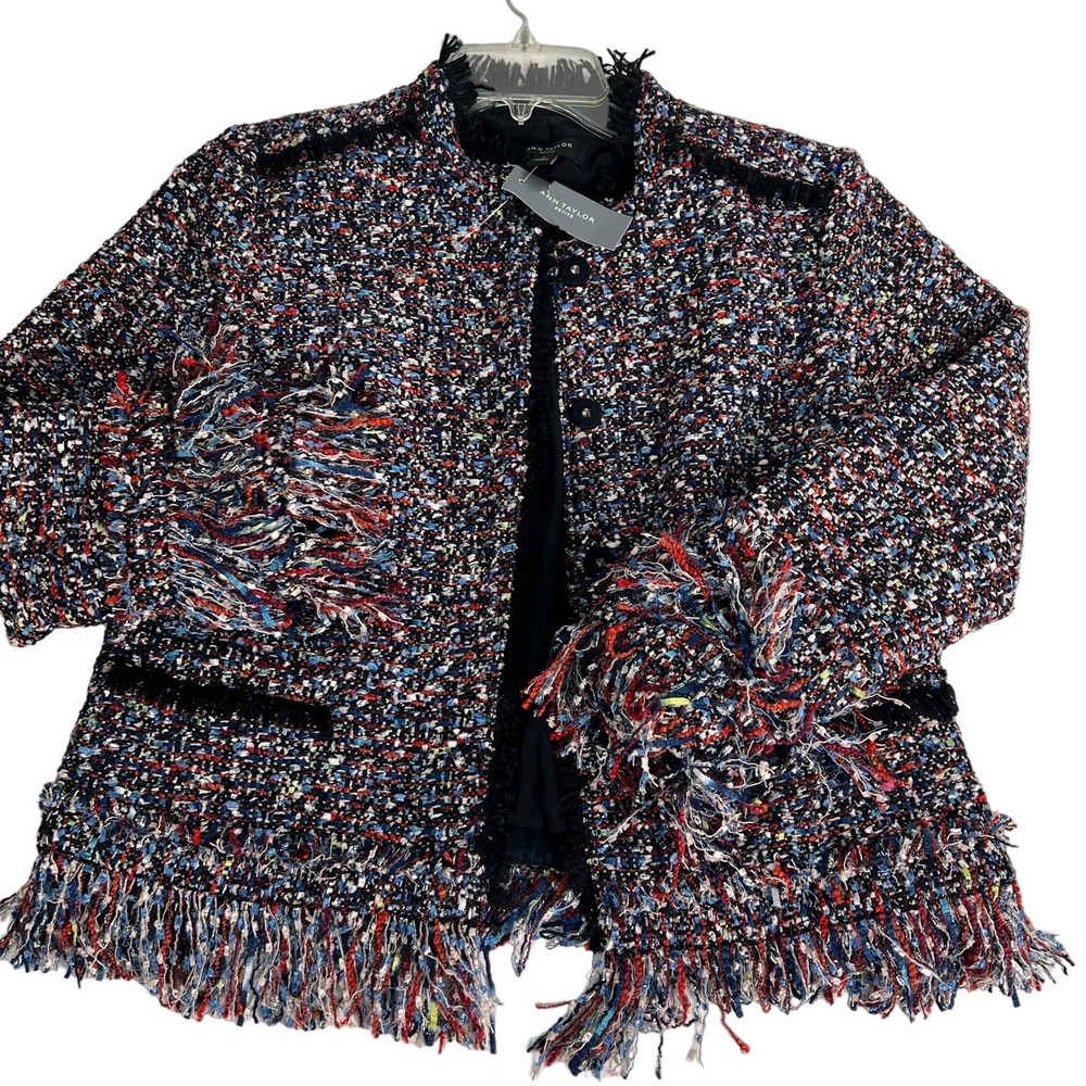 Ann Taylor‎ Multicolor Button Jacket Fringe Fiesta Tweed Small Petite NEW - Picture 3 of 16